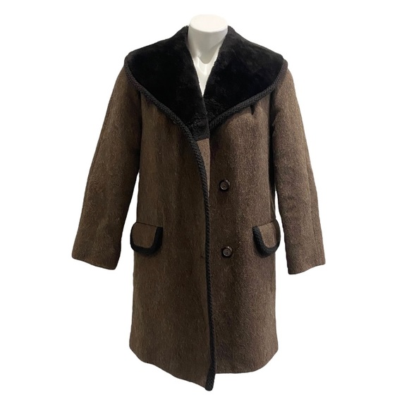 VINTAGE no brand "wool" warm thick material brown faux fur jacket Coat sz S/M - Picture 2 of 9
